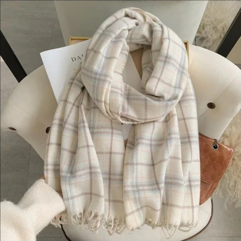 2025 Winter Scarf Women Plaid Shawl Korean Style Light Color Neck Warmer 200x65cm Elegant Gift Versatile Fashion Accessory