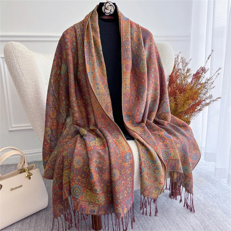 Bohemian Autumn Scarf Cashmere Women Jacquard Pashmina Design Floral Female Thick Blanket Soft Bufanda Warm Shawl Poncho Stole