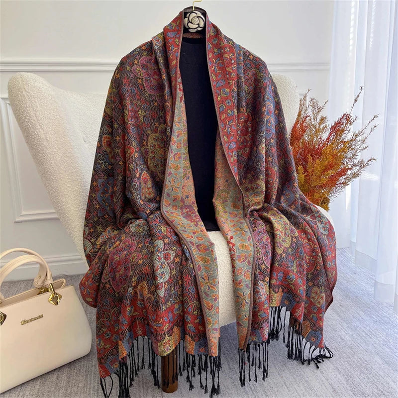 Bohemian Autumn Scarf Cashmere Women Jacquard Pashmina Design Floral Female Thick Blanket Soft Bufanda Warm Shawl Poncho Stole