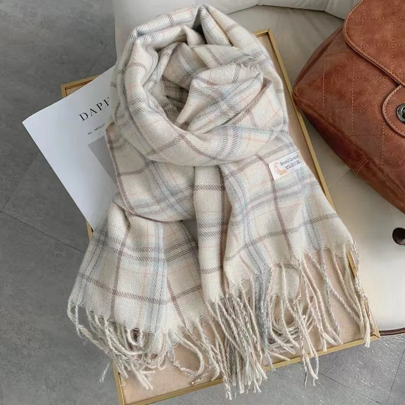 2025 Winter Scarf Women Plaid Shawl Korean Style Light Color Neck Warmer 200x65cm Elegant Gift Versatile Fashion Accessory